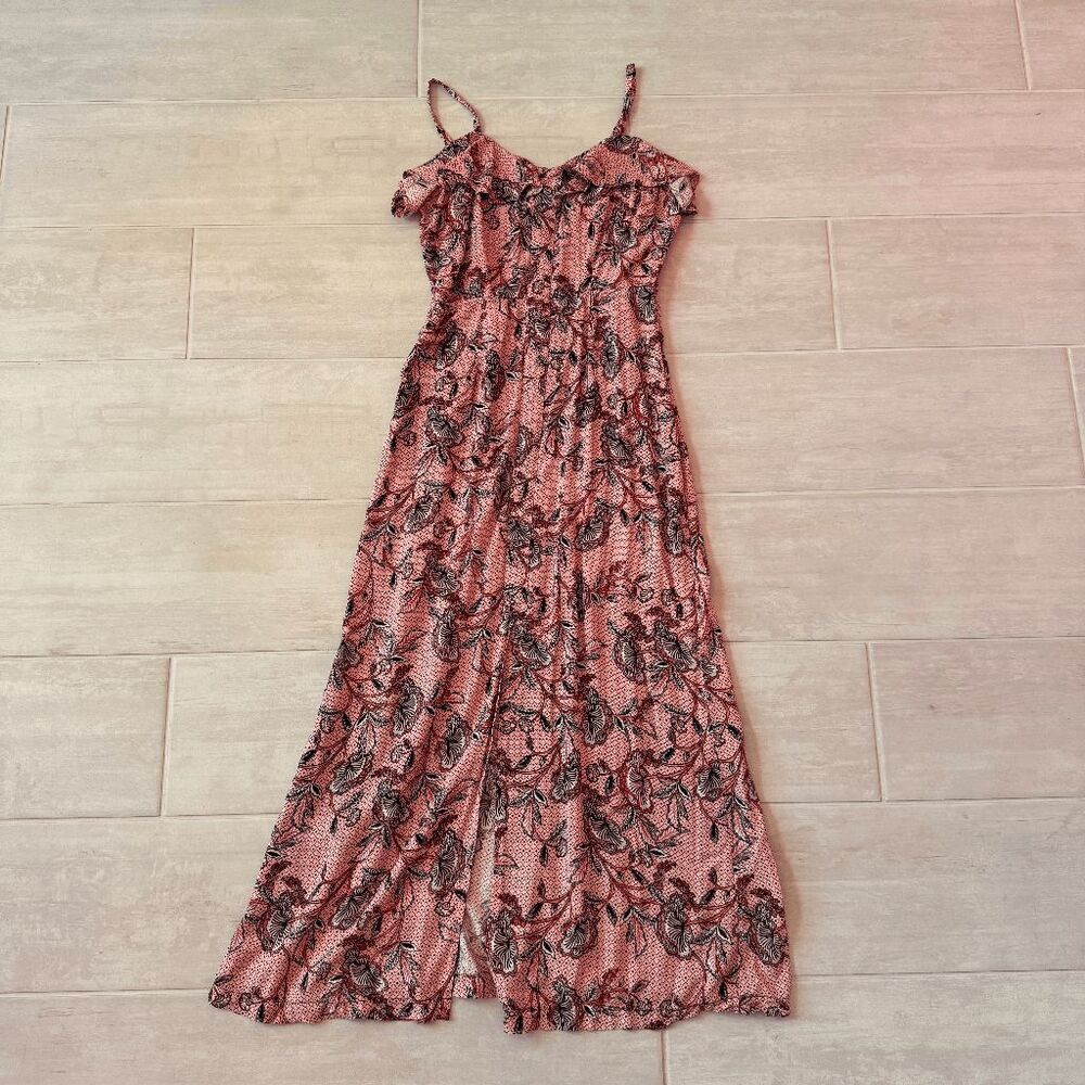 HOPE & HARLOW Bazaar Floral Maxi Dress Size 6 Spaghetti Strap Ruffled Open Slit